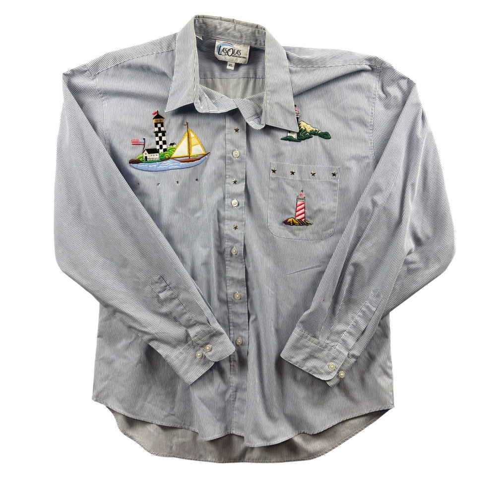 Nautical Lighthouse Embroidered Shirt XL Blue Stripe Coastal‎ Button Up Resort